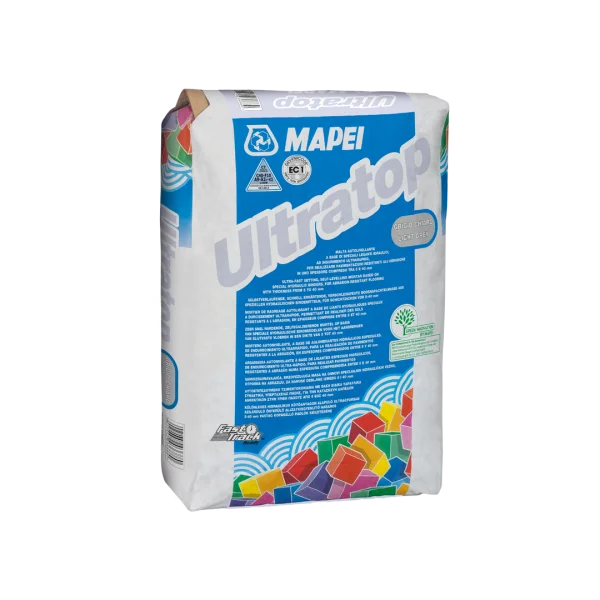 Bag of Mapei Ultratop – self-levelling, ultra-quick hardening cementitious mortar for seamless abrasion-resistant flooring, supplied in 25kg bags.