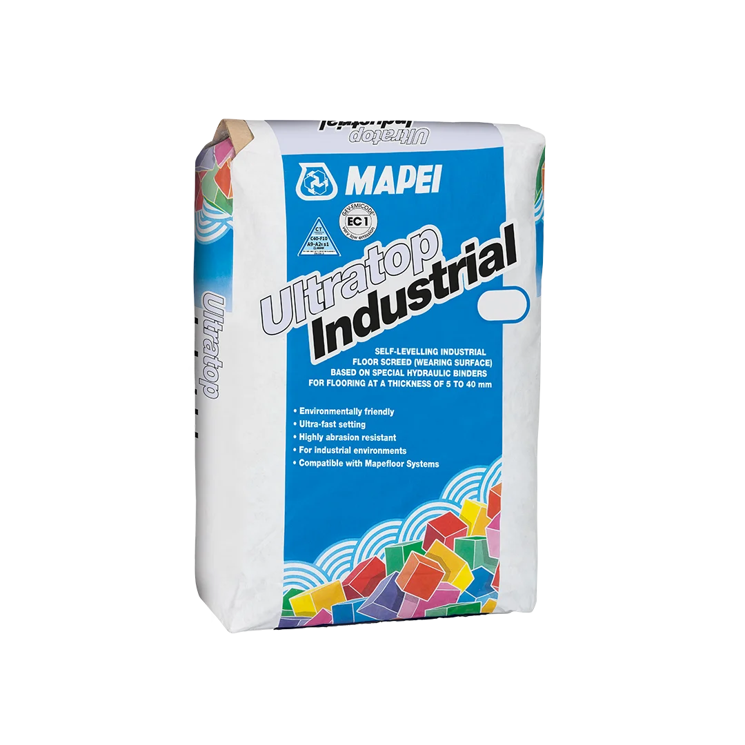Mapei Ultratop Industrial – 25kg self-levelling, abrasion-resistant screed for industrial flooring applications, packaged in a branded blue and white bag.