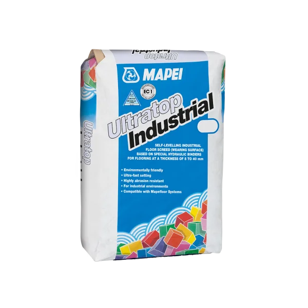 Mapei Ultratop Industrial – 25kg self-levelling, abrasion-resistant screed for industrial flooring applications, packaged in a branded blue and white bag.