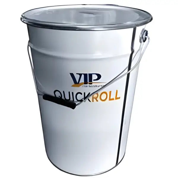 White metal bucket labeled VIP QUICKROLL for 2K Polyurea product, 26.5 KG