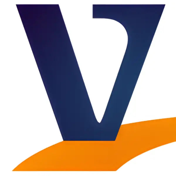 Dark blue letter V with orange curved line for VIP QuickPrime 2K Epoxy C product