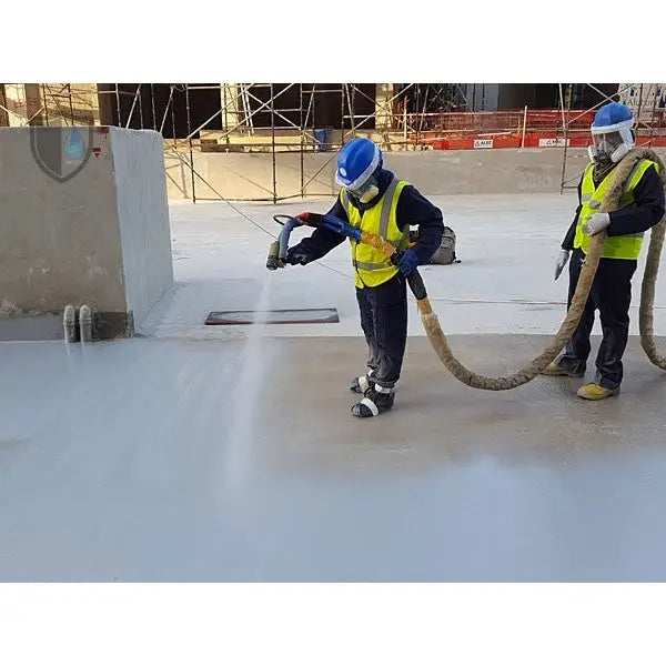 Construction workers applying VIP QuickSeal MP 500 Polyurea floor coating for waterproofing