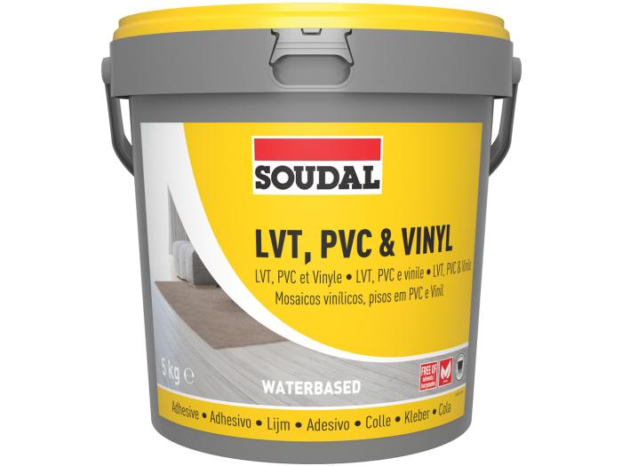 Soudal LVT Adhesive tub, water-based solvent-free adhesive for bonding luxury vinyl tiles and flexible flooring to interior absorbent subfloors.