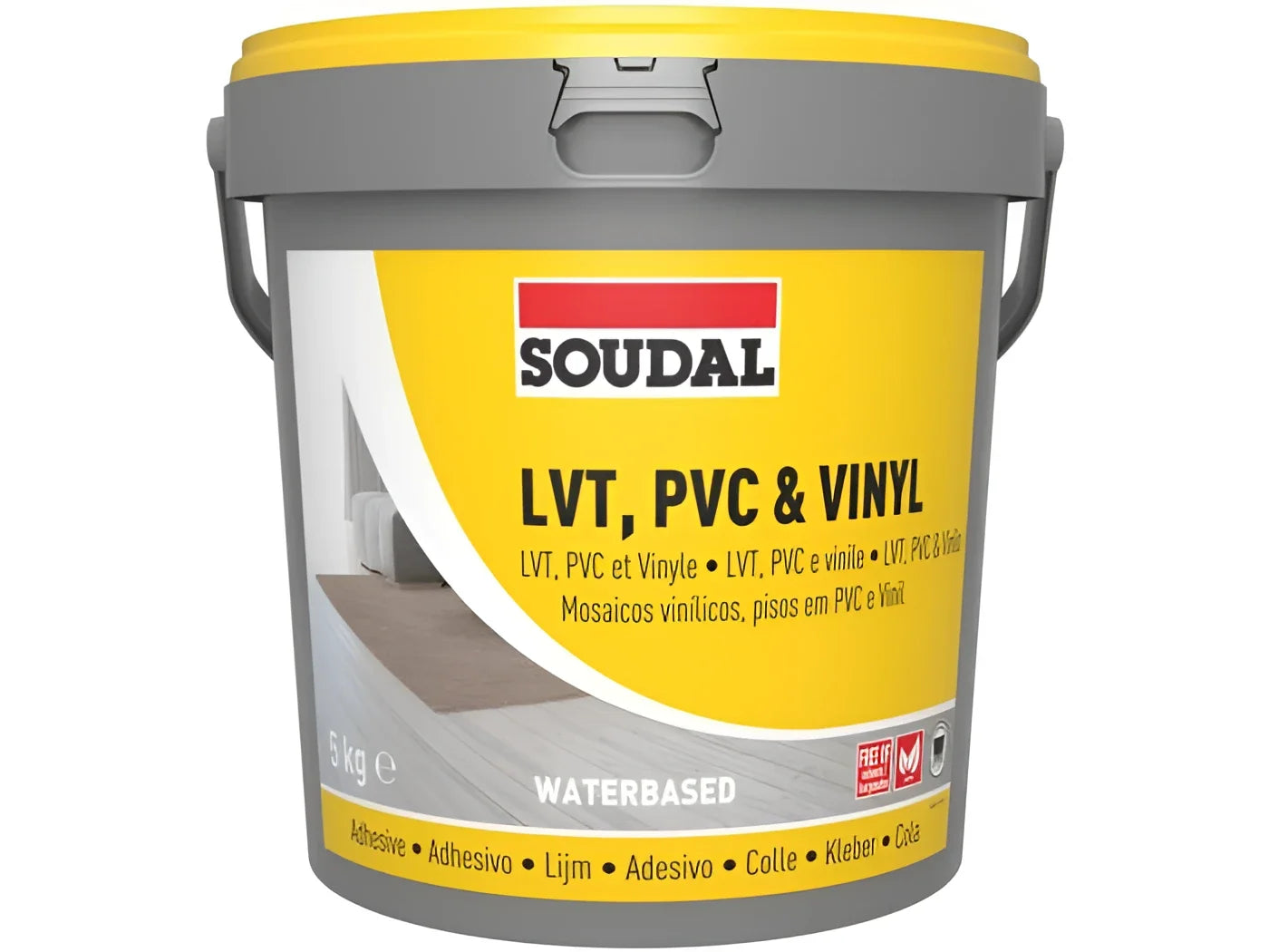 Soudal LVT Adhesive tub, water-based solvent-free adhesive for bonding luxury vinyl tiles and flexible flooring to interior absorbent subfloors.