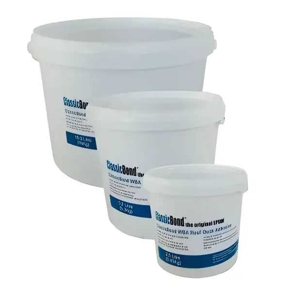 Three white plastic buckets with blue labels stacked diagonally for Water Based Deck Adhesive