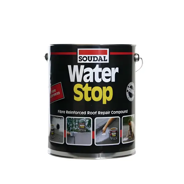 Black container of Soudal Water Stop roof repair compound for effective waterproof sealing