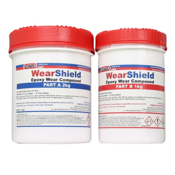 Two containers of WearShield epoxy wear compound parts A and B with red lids