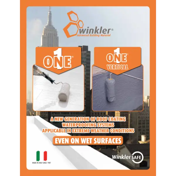 Winkler ONE waterproofing coating system advertisement featuring Empire State Building imagery