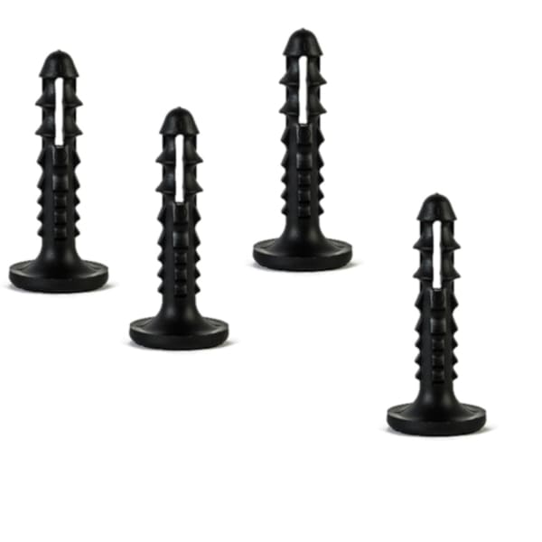 Four black plastic wall anchors from Wykamol CM Brick Plugs for secure installation