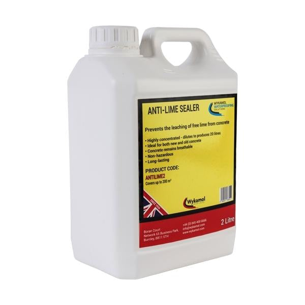 White plastic container of Wykamol Anti-Lime Sealer for effective concrete treatment