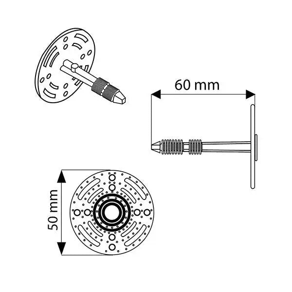 Technical diagram of Wykamol CM Plaster Plugs circular mounting plate dimensions and views