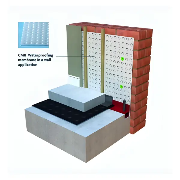 Cross-sectional diagram of Wykamol CM8 Cavity Drain Membrane in brick wall foundation