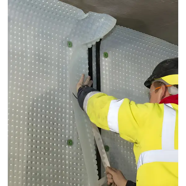 Worker in high-visibility safety gear installing waterproof membrane with Wykamol tape