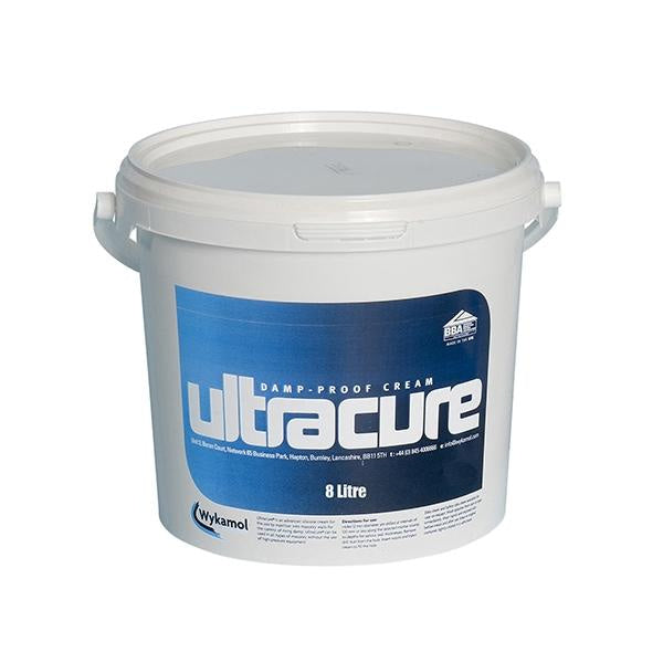 White plastic bucket of Ultracure damp-proof cream in Wykamol DPC Spray Applicator