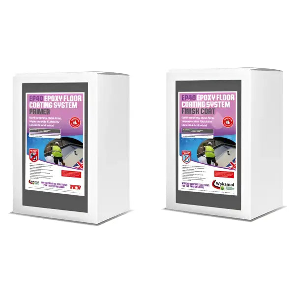 Two white boxes of Wykamol EP40 Epoxy Floor Coating System products