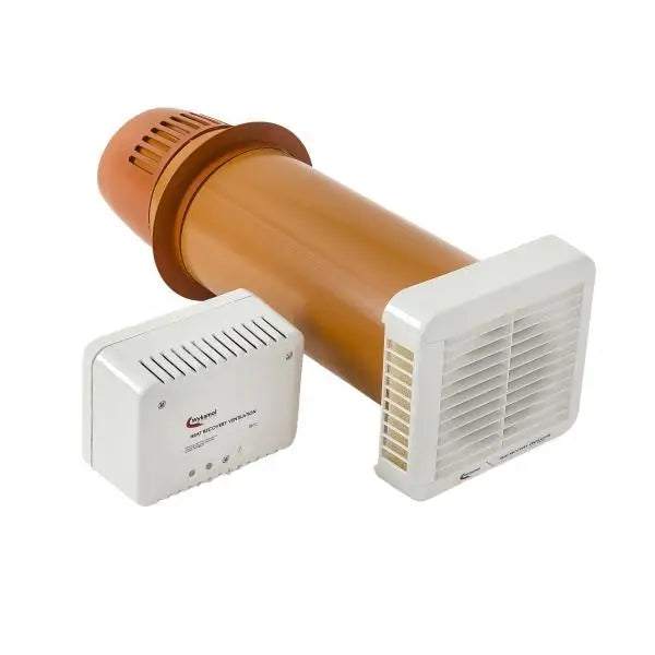 Room ventilation system featuring Wykamol Heat Recovery Ventilator with white grilles and brown duct