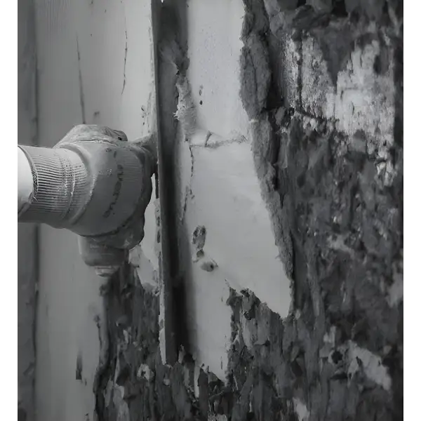 Peeling paint on a wall surface with Wykamol High Impact Plaster bags displayed