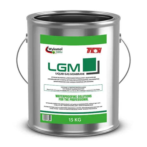 Metal paint can of Wykamol LGM Liquid Gas Membrane with green and white label