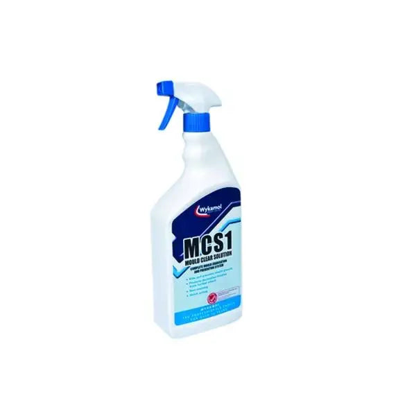 White spray bottle with blue label containing Wykamol MCS1 Mould Clear cleaning product