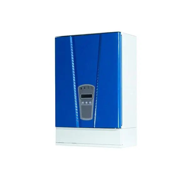 Blue and white wall-mounted heating boiler with digital control for Wykamol PowerSafe System