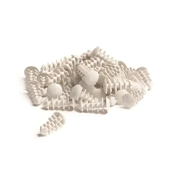 White plastic wall anchors with spiral ridges for Wykamol Injection Plugs