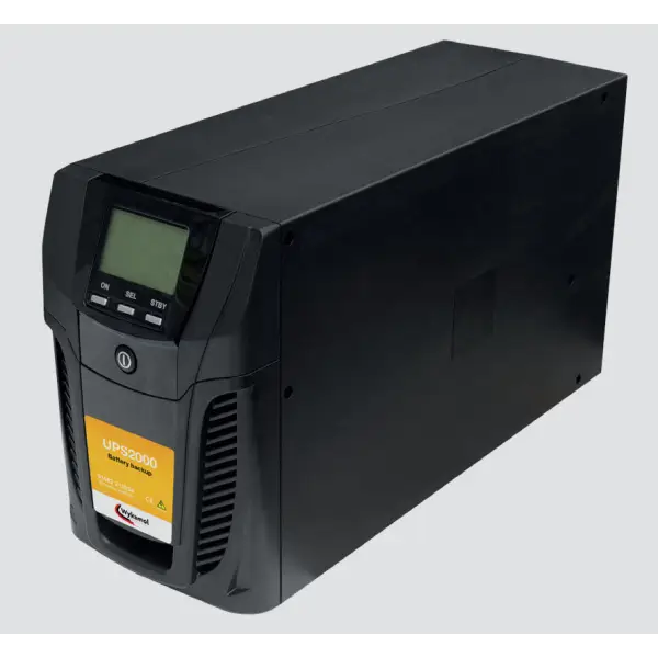 Black Wykamol UPS 2000 and 3000 battery backup system with LCD display and yellow label